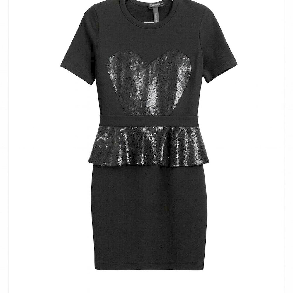 Markus‎ Lupfer Sequin Heart Peplum Dress Black Short Sleeve Size Small